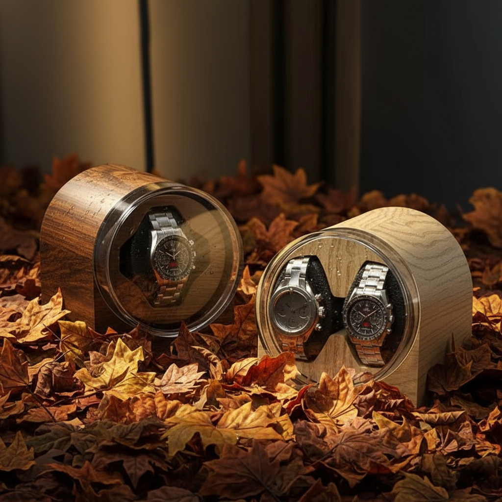 Présentoirs de montres émergeant des feuilles d'automne